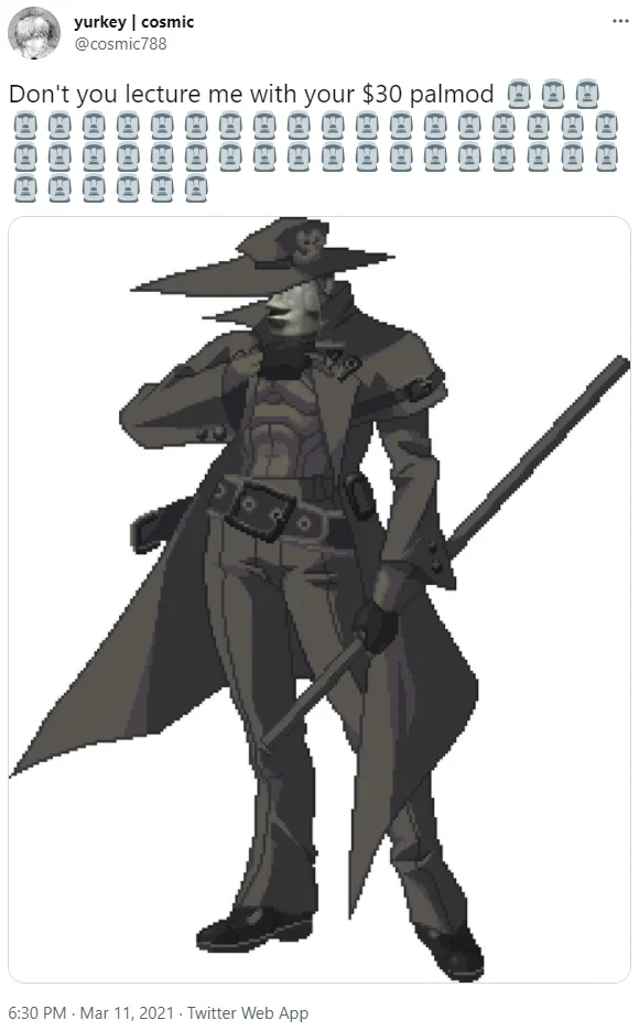 A March 2021 tweet variation of the meme, swapping the haircut phrasing for a fighting-game 'palmod' reference accompanied by the signature moai emoji wall.