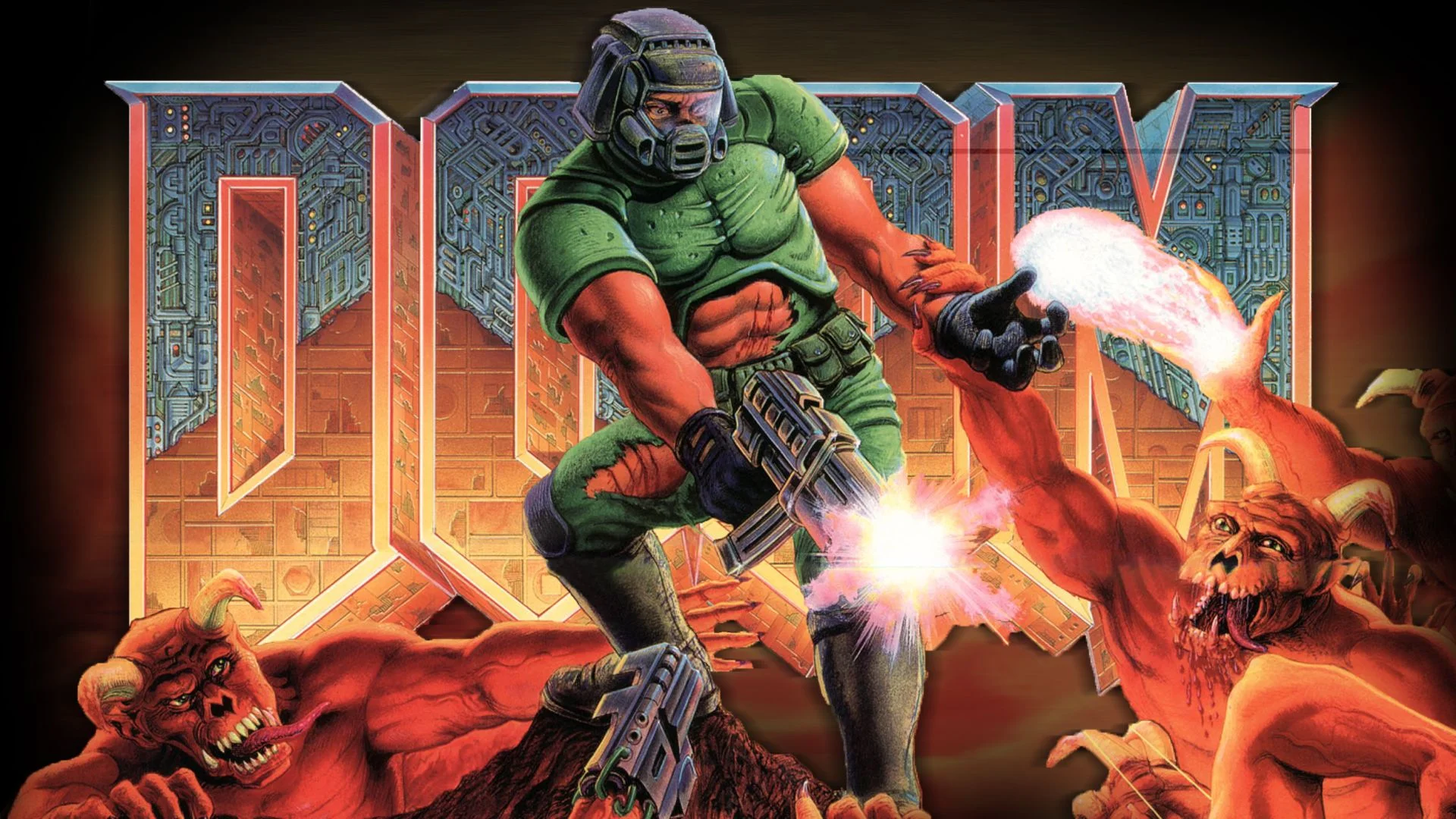 The iconic cover art of the original 1993 DOOM, featuring the marine protagonist battling demons from Hell.