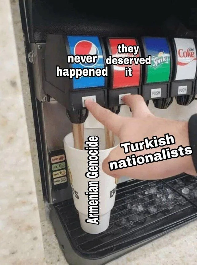 A political variant of the meme commenting on contradictory rhetoric around the Armenian Genocide.