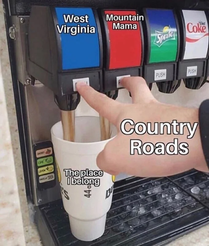 A 'Country Roads' variant mapping the lyrics of John Denver's song onto the double soda pour format.