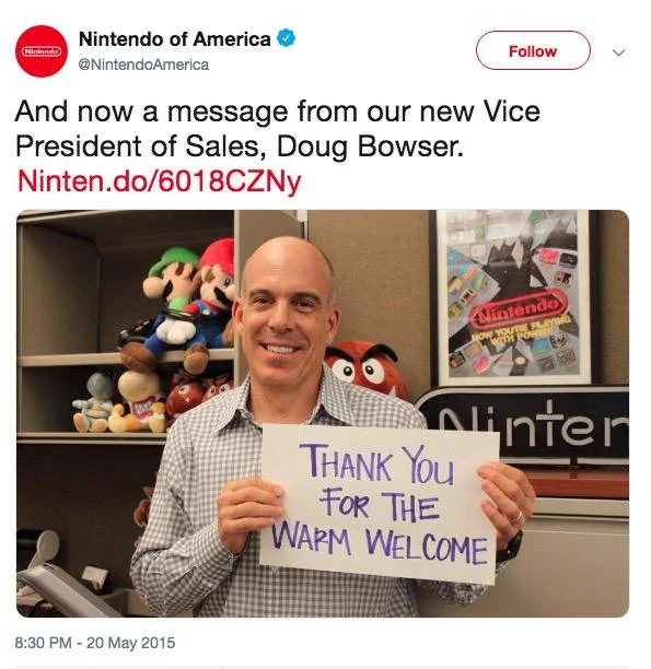 The original May 2015 Nintendo of America tweet welcoming Doug Bowser, whose surname sparked years of jokes across the gaming community.