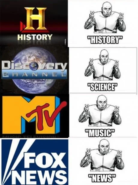 A multi-panel meme using Dr. Evil air quotes to satirize how various TV networks stray from their stated programming themes.