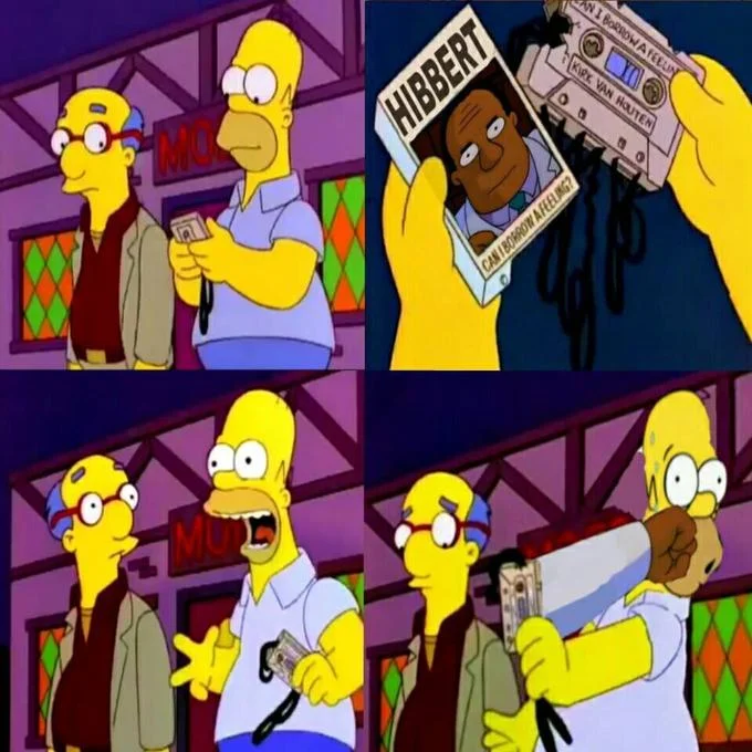 The original four-panel scene from The Simpsons that is the direct source of the Dr. Hibbert mirror punch meme.