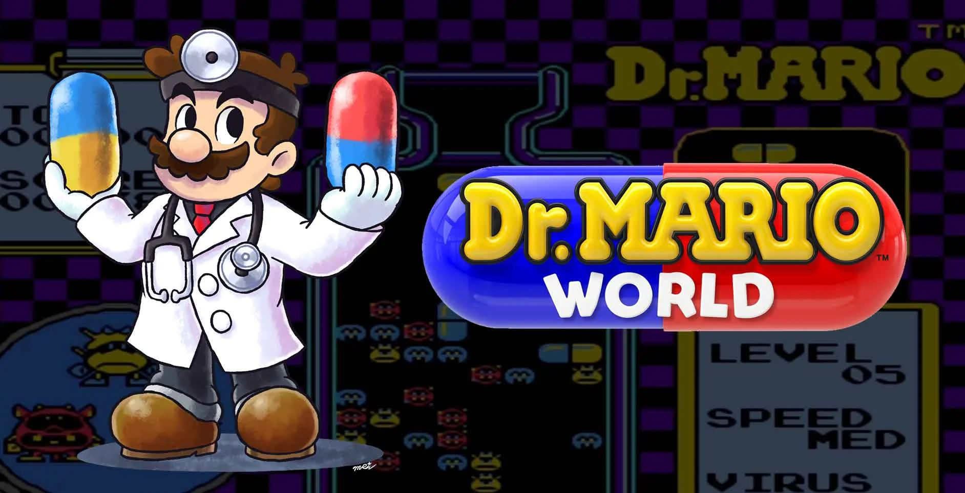 Promotional key art for Nintendo's Dr. Mario World, the mobile installment in the long-running puzzle series.