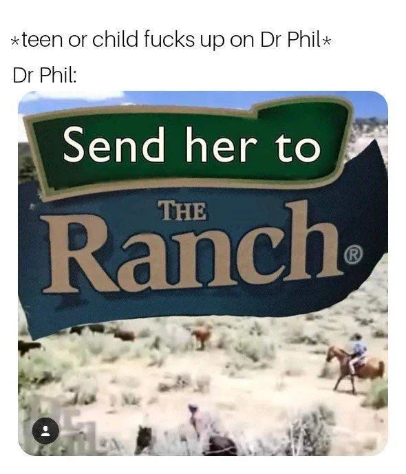 A popular Dr. Phil meme joking about the host's tendency to send troubled teens to the Turn-About Ranch, using an altered Hidden Valley Ranch logo.