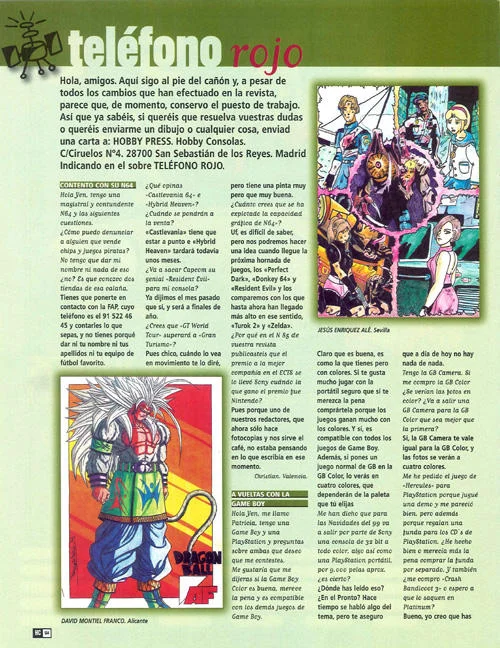 The 1999 Hobby Consolas magazine page containing David Montiel Franco's original Dragon Ball AF fan art that started the hoax.