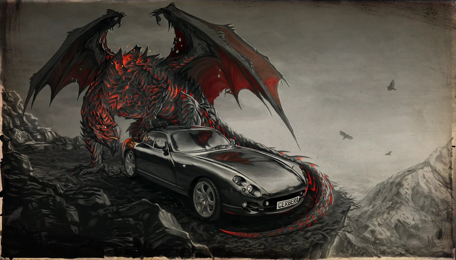 A digital illustration depicting a fierce dragon looming beside a TVR Cerbera, exemplifying the fantasy-meets-automotive artwork associated with the meme.