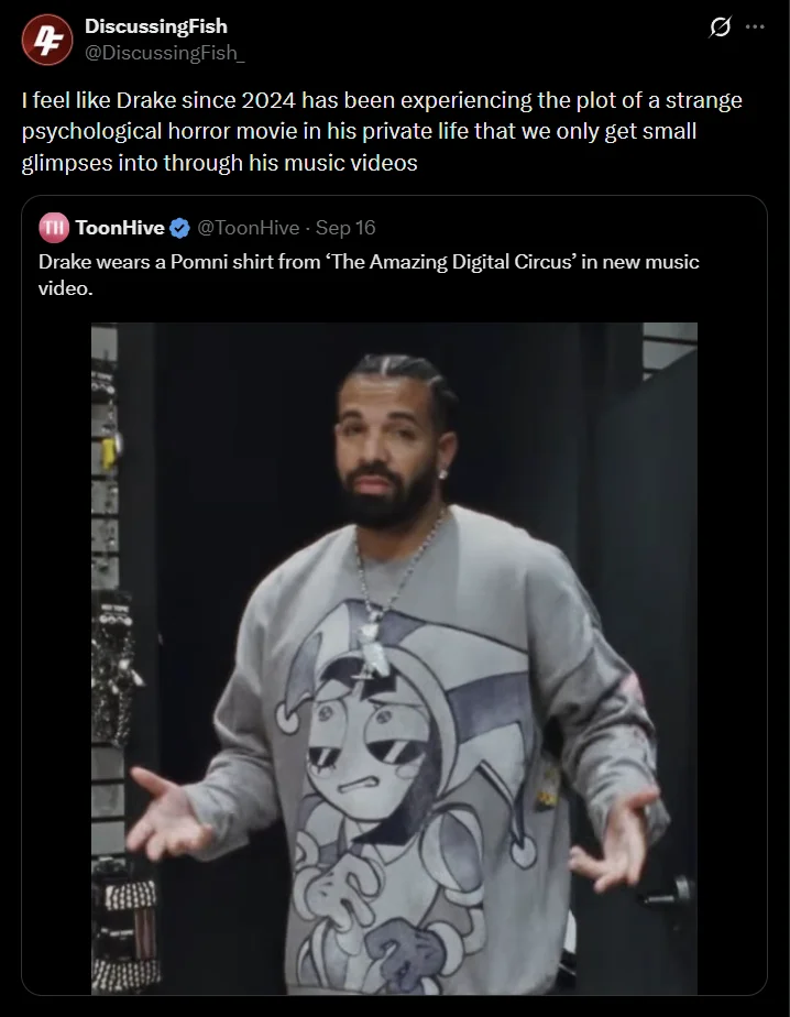 Censored variant of the widely shared reaction tweet to Drake's Pomni sweatshirt.