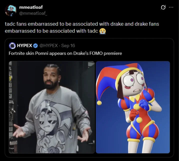 HYPEX highlights the Pomni Fortnite skin appearing on Drake's FOMO premiere sweatshirt.