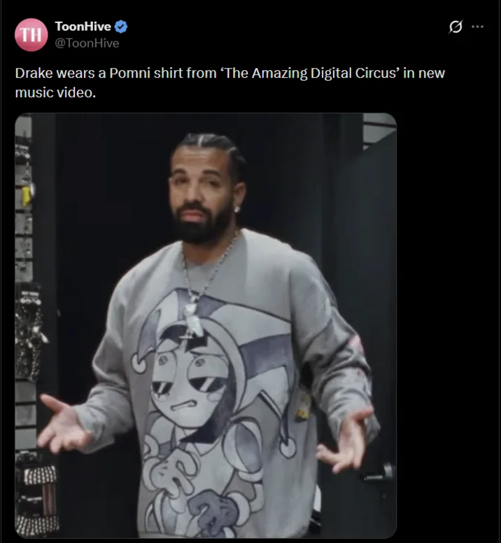 Reaction tweet capturing the mutual embarrassment between Drake fans and Amazing Digital Circus fans over the Pomni sweatshirt.
