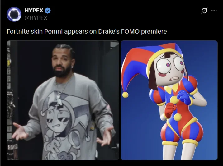 A viral tweet reacting to Drake's Pomni sweatshirt, jokingly attributing his new style to a fictional goth girlfriend.