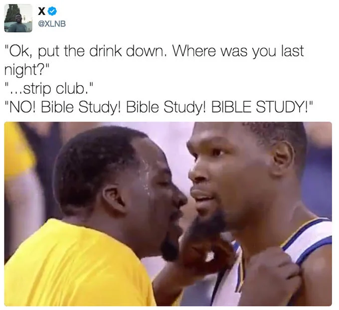 A tweet layering a Chappelle-style 'NO! Bible Study!' interrogation over the Draymond–Durant confrontation.