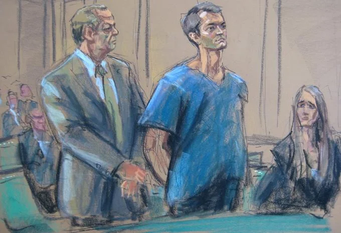 A courtroom sketch of Ross Ulbricht, aka Dread Pirate Roberts, appearing before a judge during his federal trial in New York.