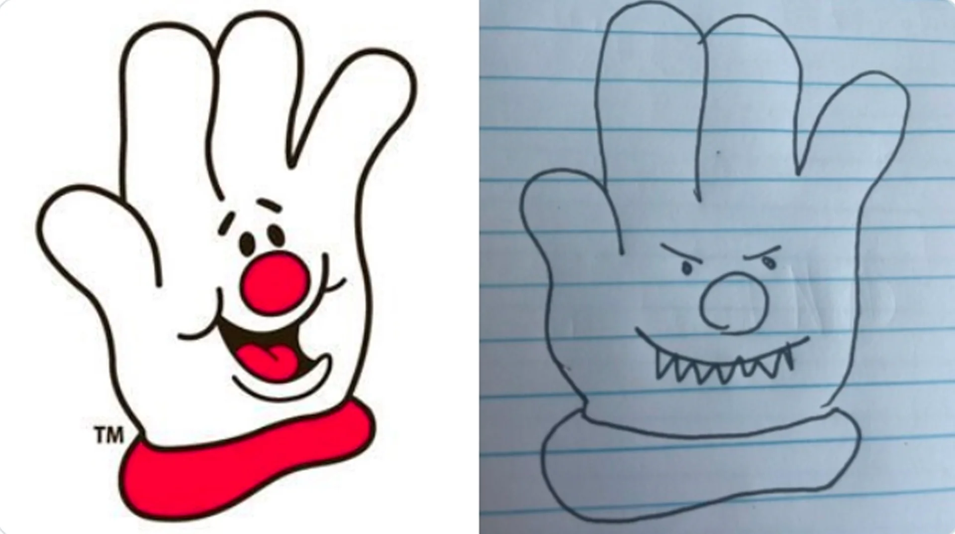 The original image that launched the meme: a comparison of the friendly Hamburger Helper mascot with a dark, hand-drawn reinterpretation.