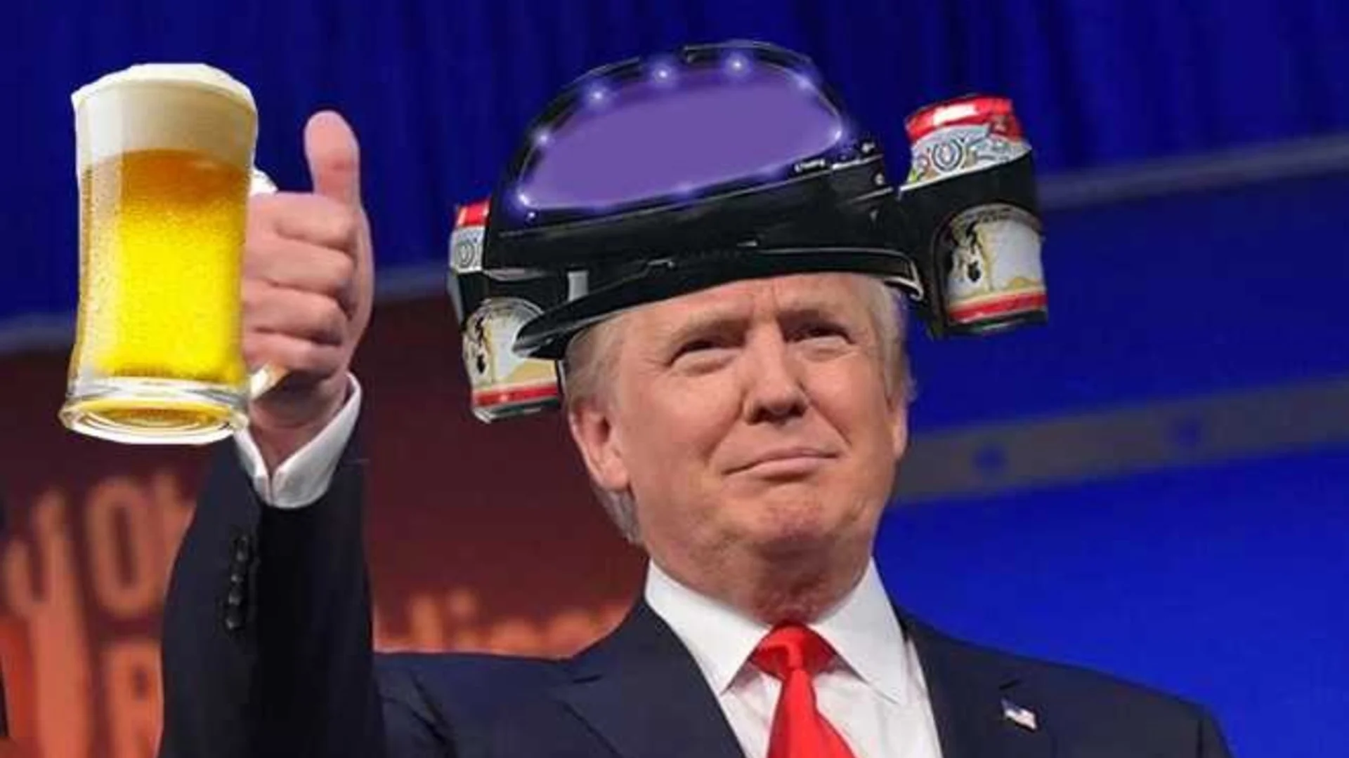 An edited image of Donald Trump sporting a beer-can hat and toasting with a frothy mug, commonly circulated as part of the 'Drunk Trump' meme.