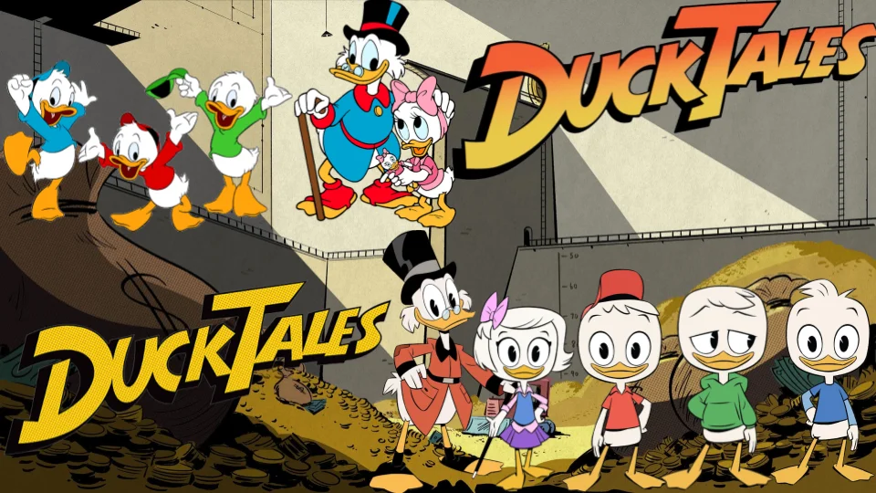 A promotional composite featuring the cast of DuckTales in both its 1987 original and 2017 reboot styles.
