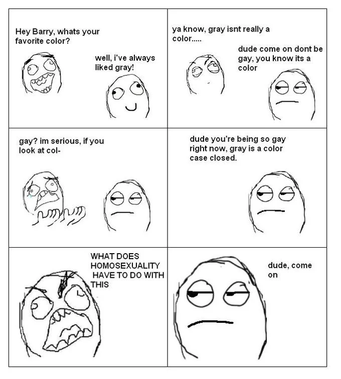 A classic rage comic where the 'Dude Come On' face closes the debate about whether gray counts as a color.