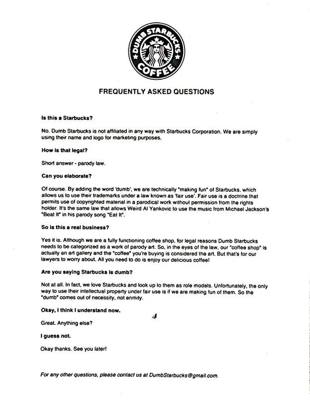 The Dumb Starbucks FAQ handout, which explained to customers that the shop was a parody art project relying on fair use law.