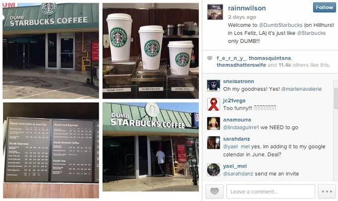 Rainn Wilson's Instagram post publicizing the Dumb Starbucks shop in Los Feliz, showcasing its storefront, parody cups, and menu.