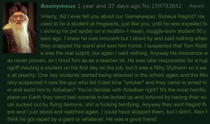 Dumbledore moral failure satire.