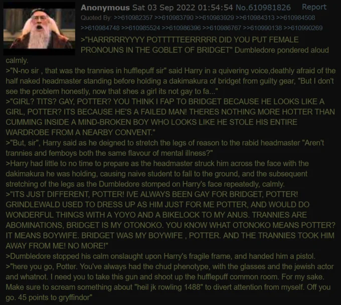 Dumbledore-posting Rowling TERF satire.