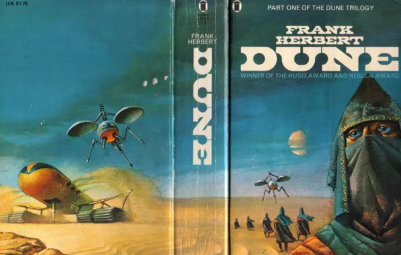 The classic paperback cover of Frank Herbert's 'Dune,' the seminal 1965 science fiction novel that inspired countless adaptations and internet memes.