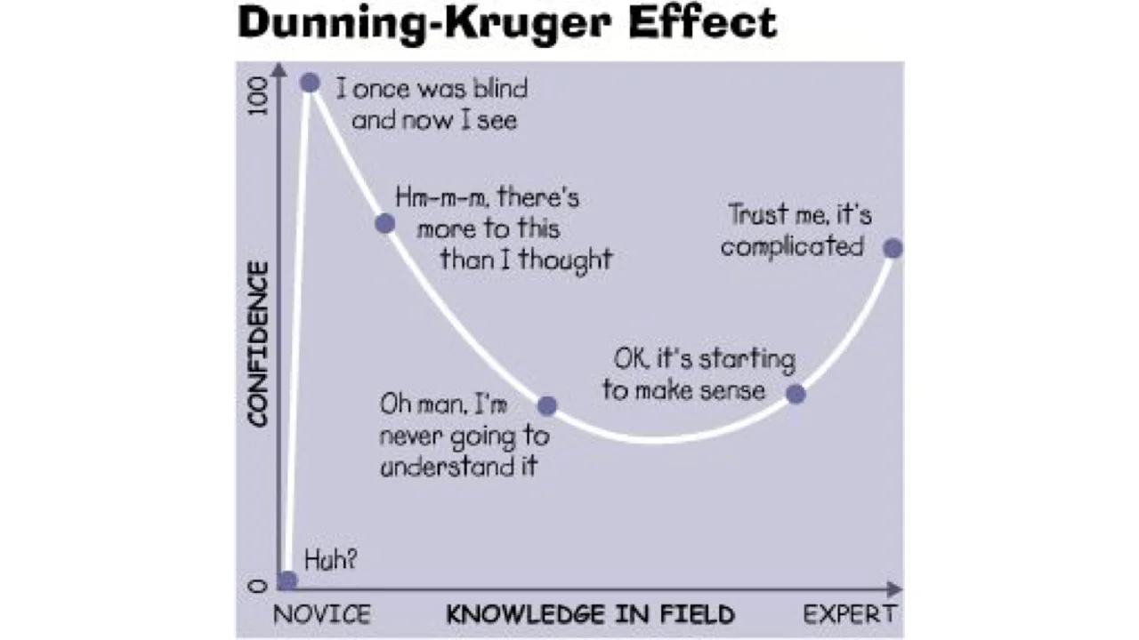 A popularized visualization of the Dunning-Kruger Effect showing the relationship between confidence and knowledge across expertise levels.
