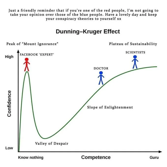 A viral meme using the Dunning-Kruger curve to contrast social media 'experts' with actual professionals.