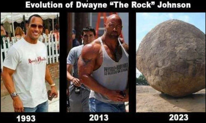 A popular joke meme depicting the physical 'evolution' of Dwayne Johnson culminating in him becoming an actual boulder.
