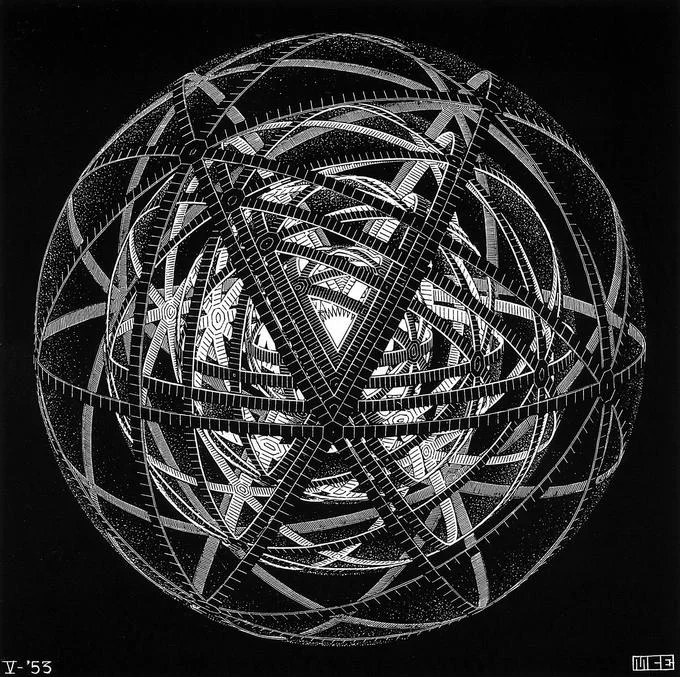M.C. Escher's 1953 woodcut 'Concentric Rinds,' visually reminiscent of a Dyson sphere.