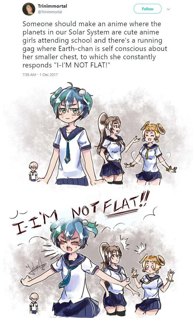 The original December 2017 tweet by Trinimmortal that popularized the Earth-chan concept and her signature 'I'M NOT FLAT!' catchphrase.