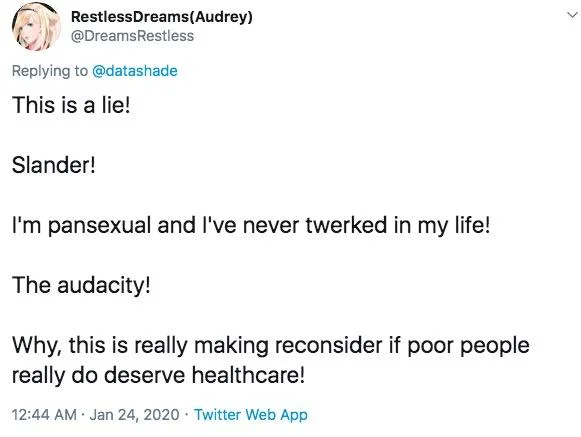Outraged denial reaction tweet.