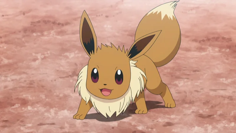 Eevee as it appears in the Pokemon anime, showing off its iconic fluffy ruff and bushy tail.