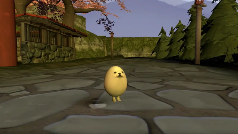 The eggdog character rendered in a 3D game environment, blending an egg body with a fluffy Pomeranian face.