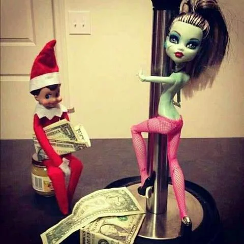 Elf on Shelf in mature-themed scenario with money and suggestive toy positioning