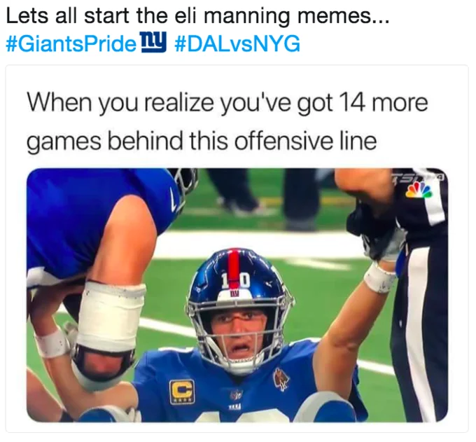 A tweet kicking off the Eli Manning meme trend with an offensive-line joke over the reaction shot.