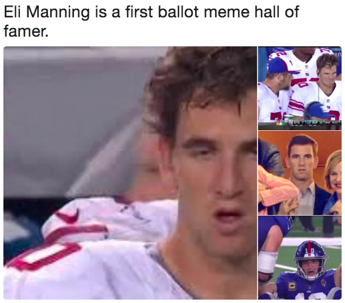 A tweet celebrating Manning's status as a serial meme subject, collaging several iconic reaction shots.