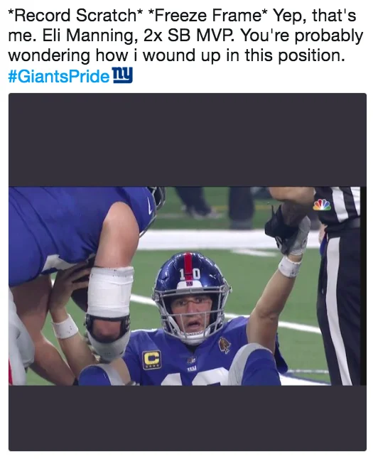 A tweet applying the 'record scratch, freeze frame' narrative format to the exasperated Manning photo.