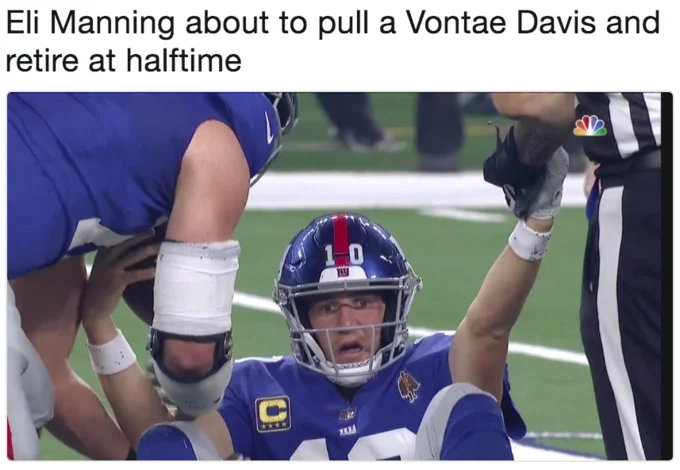 A tweet joking that Manning looked ready to retire at halftime, referencing Vontae Davis.