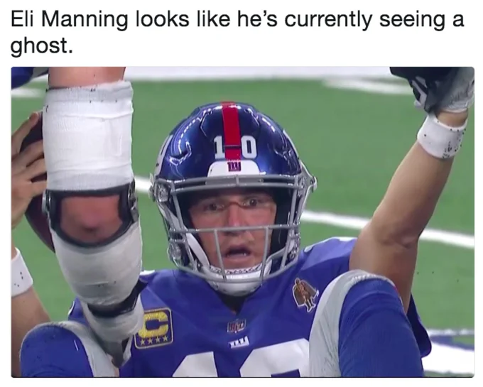 A viral tweet joking that Manning looks like he is seeing a ghost, using the reaction shot.