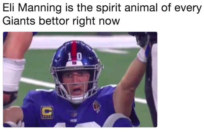 A tweet dubbing Manning the 'spirit animal' of Giants bettors, using the reaction crop.