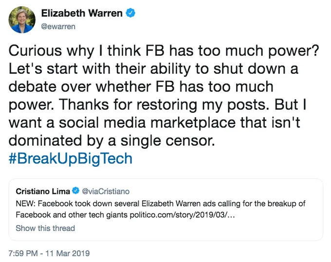 Warren pushes back after Facebook briefly took down her ads calling for the platform's breakup.