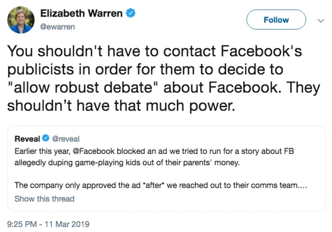 Warren argues Facebook holds too much power over public debate after intervening in ad takedowns.