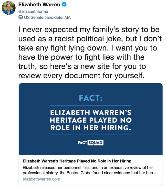 Elizabeth Warren pushes back against attacks on her Native American heritage claims with a fact-check campaign.