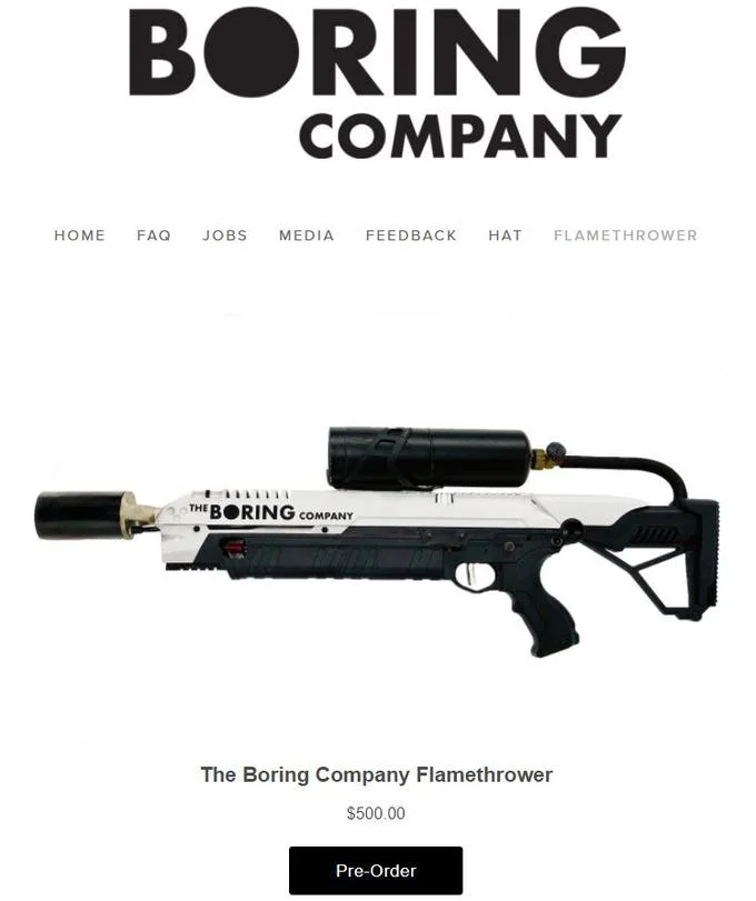 The Boring Company's official product page listing the Flamethrower for pre-order at $500.