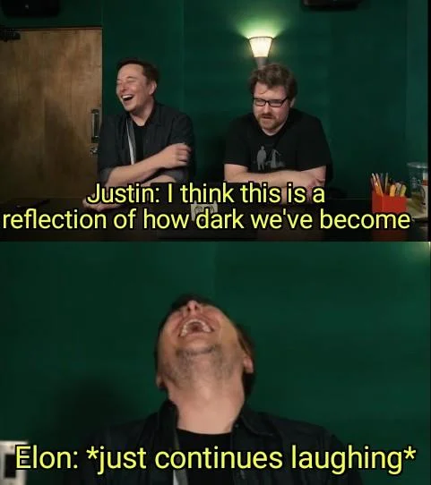 A drawn meme depicting Elon Musk politely tolerating good jokes but wheezing uncontrollably at the dead deer photo.