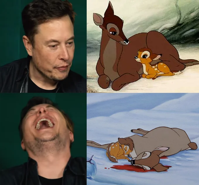 A two-panel meme contrasting Justin Roiland's shock with Elon Musk's laughter over the dead deer image.