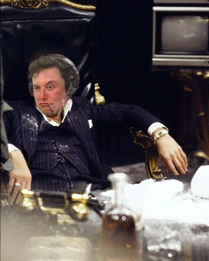 A Scarface photoshop swapping Tony Montana's face for the stoned Musk, extending the drug-fueled tycoon joke.