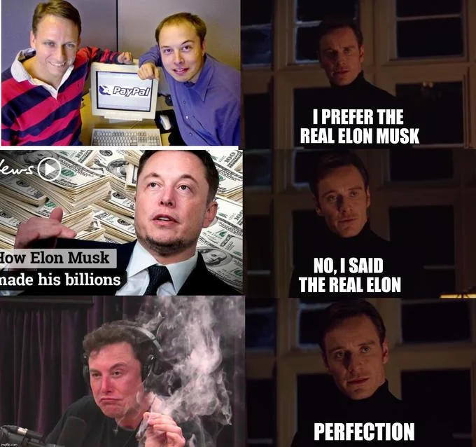 A 'Perfection' format meme concluding that the stoned Elon Musk is the real, definitive version.