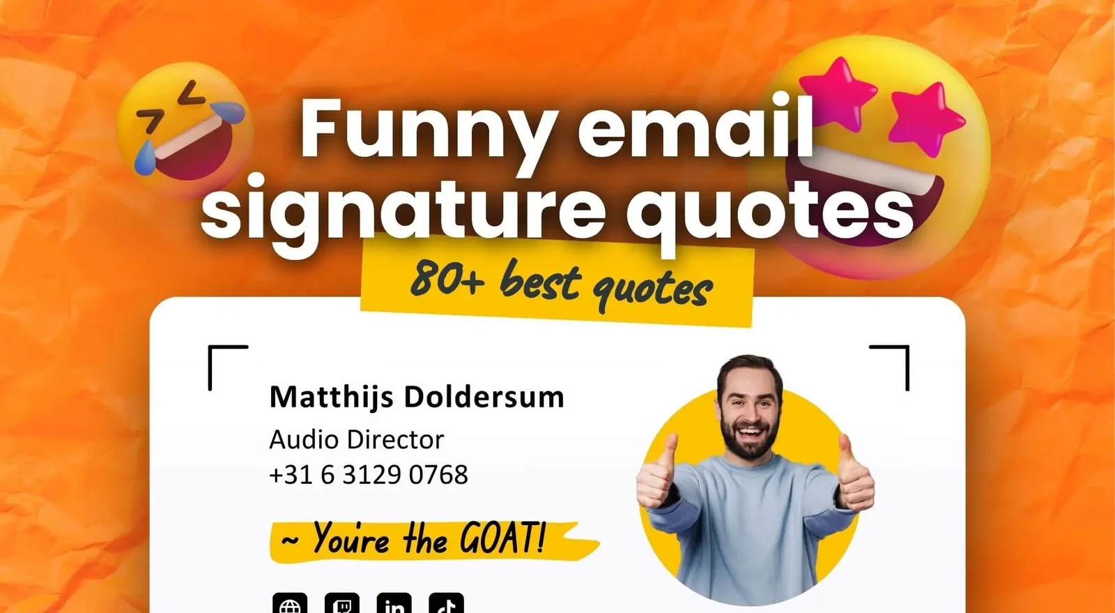 Comedic email signature combining professional info with playful emoji decorations.